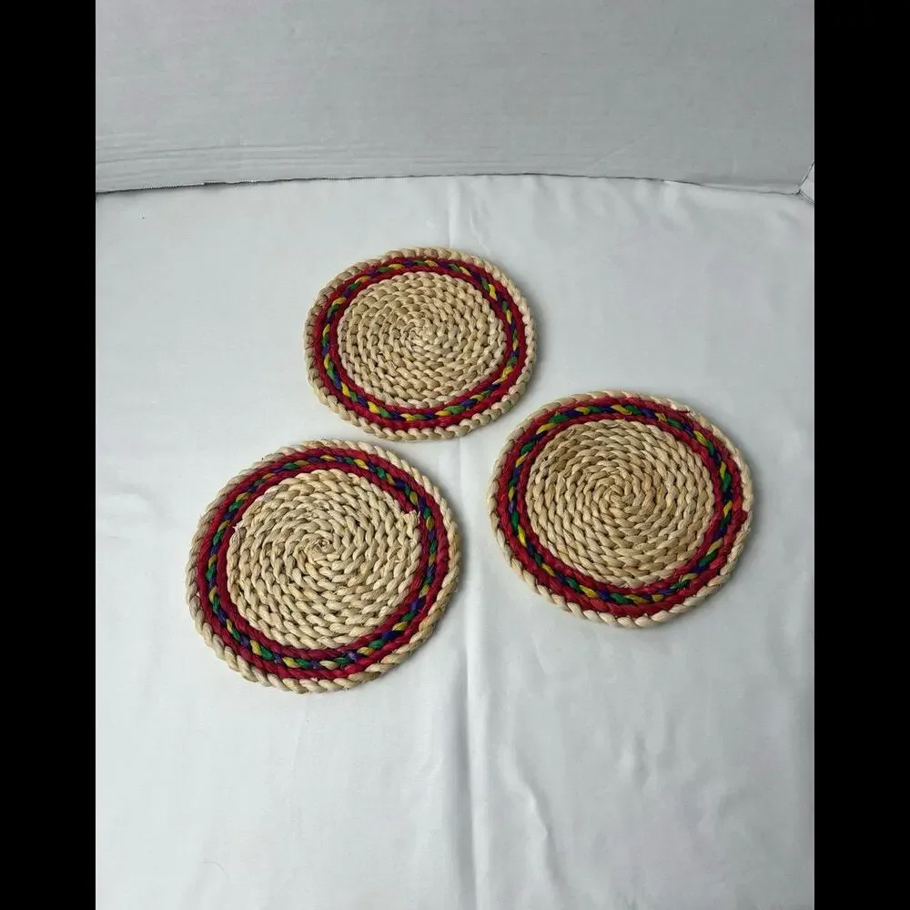 Vintage Lot Of 3 Woven Rattan Wicker Round‎ Circle Hot Pads